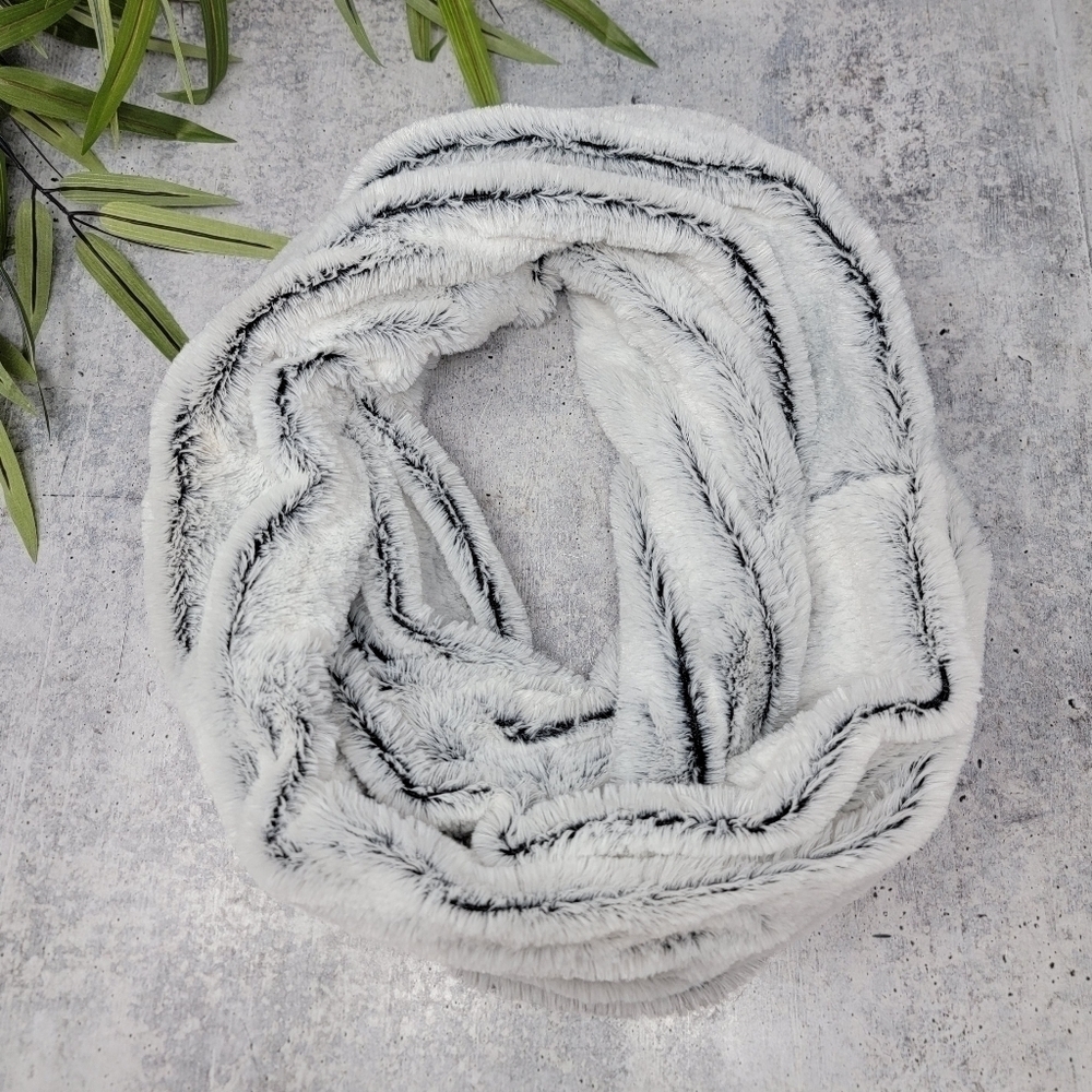 White Black Gray Faux Fur Infinity Scarf Winter Cozy Warm Soft